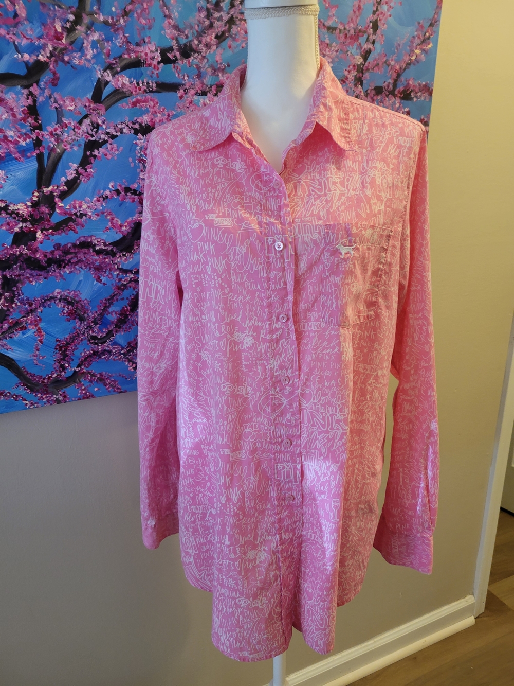 PINK Victoria's Secret Pink Script-Print Button-Front Pajama Top